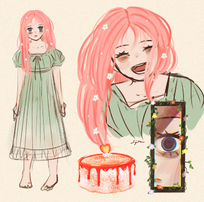 2023, OC. Concepts for a pixel indie horror game I wanted to make... I almost forgot about her. I'm going to bring her back because she's a cutie!