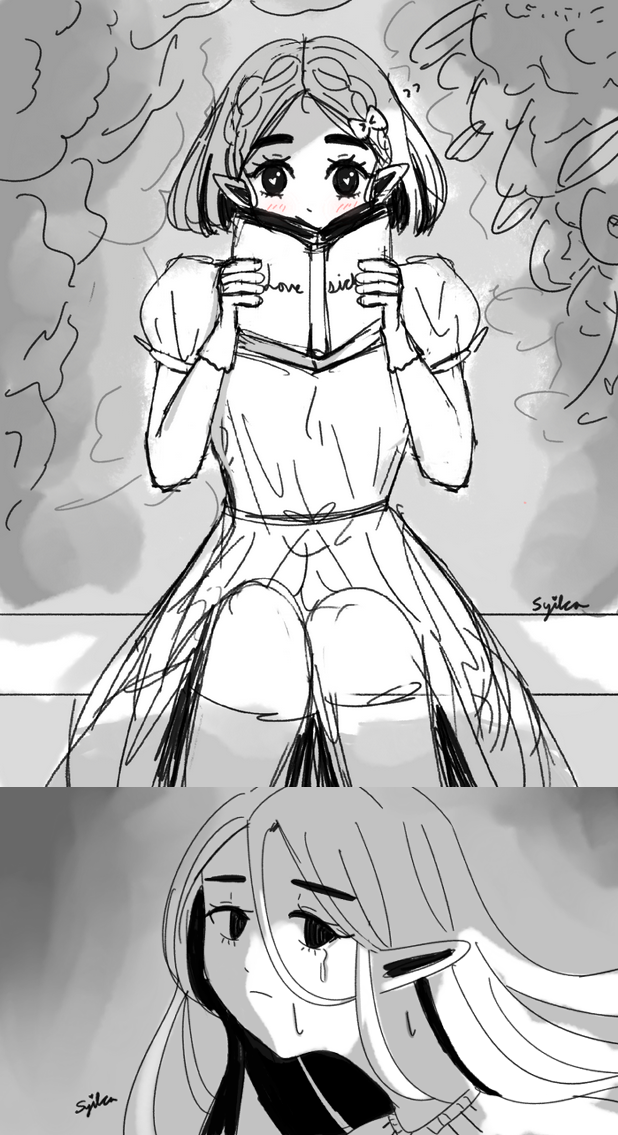 2023, Zelda from Breath of the Wild & Tears of the Kingdom. Some sketches based off of Laufey songs! The first one is based off of 'Lovesick' and the bottom one is based off of 'Second Best'.